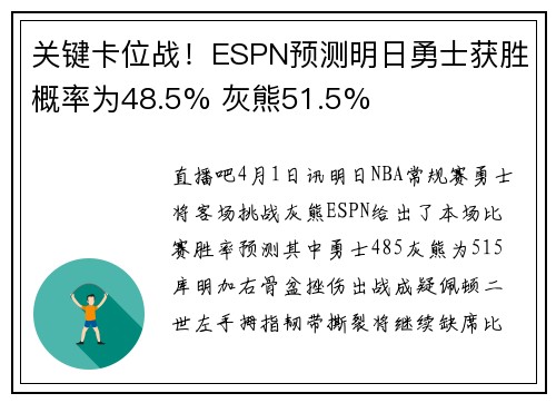 关键卡位战！ESPN预测明日勇士获胜概率为48.5% 灰熊51.5%