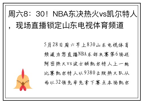 周六8：30！NBA东决热火vs凯尔特人，现场直播锁定山东电视体育频道