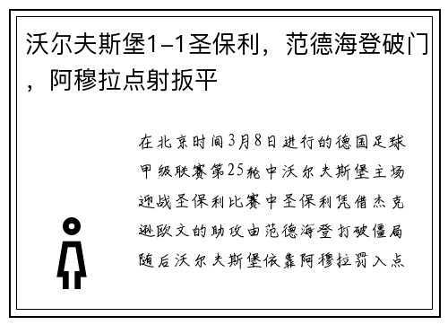 沃尔夫斯堡1-1圣保利，范德海登破门，阿穆拉点射扳平